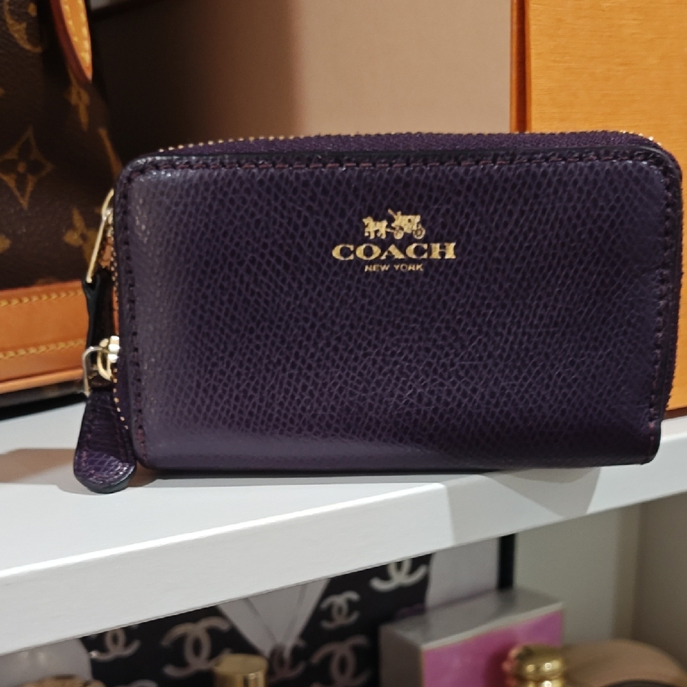 Coach Dark Purple Leather Zip Card Case